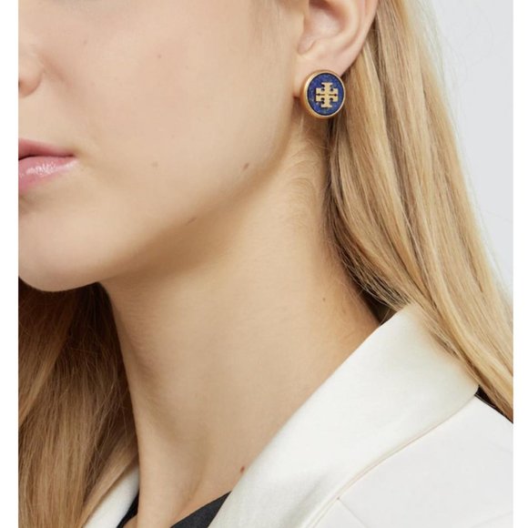 NEW Tory Burch Stud Semi-precious Lapis/Vintage Gold Earrings - Picture 4 of 9